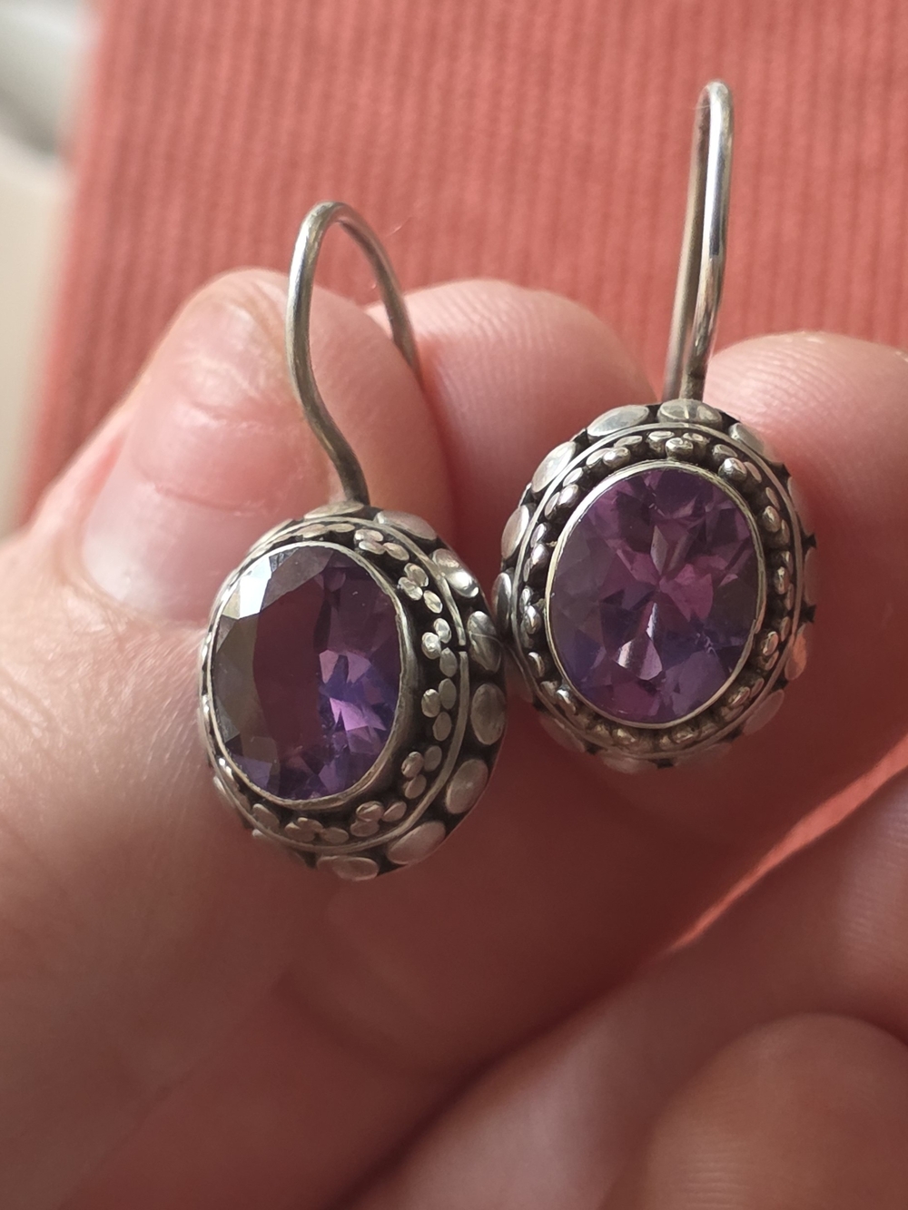 Sterling Silver Oval Amethyst Drop Earrings
